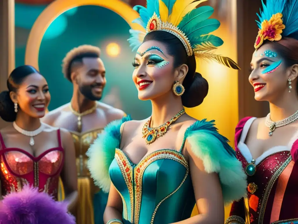 Preparativos coloridos en el Carnaval: backstage vibrante Vida de los artistas del Carnaval: Coloridos trajes y maquillaje, risas y preparativos en el bullicioso backstage