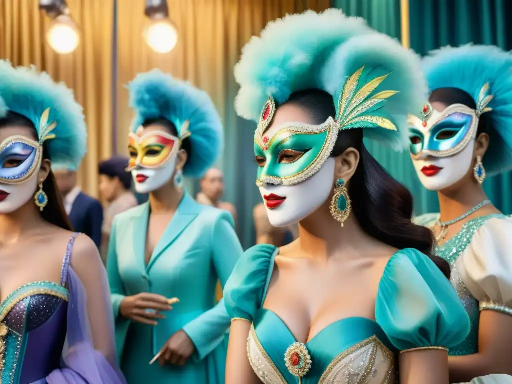 Preparativos vibrantes de carnaval en acuarela Vida de los artistas del Carnaval: Detrás del escenario, un vibrante cuadro de acróbatas se prepara entre trajes y máscaras coloridas