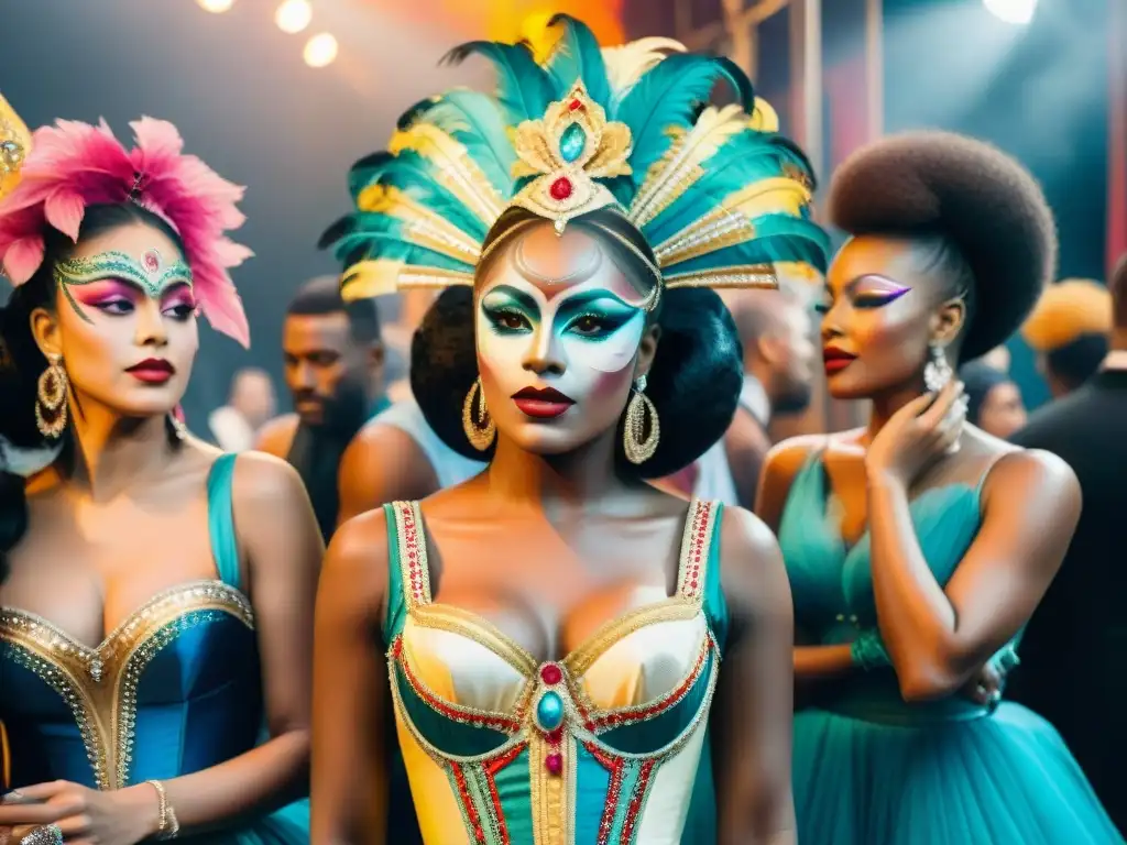 Preparativos coloridos en el camarín del carnaval Vida de los artistas carnavaleros emocionados y concentrados, maquillándose y ajustando trajes coloridos antes de subir al escenario del carnaval