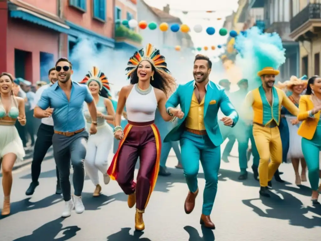 Colorida celebración de Carnaval en Uruguay: alegría y comunidad Vida urbana en el Carnaval Uruguayo: escena vibrante de gente diversa celebrando con coloridos trajes y decoraciones festivas