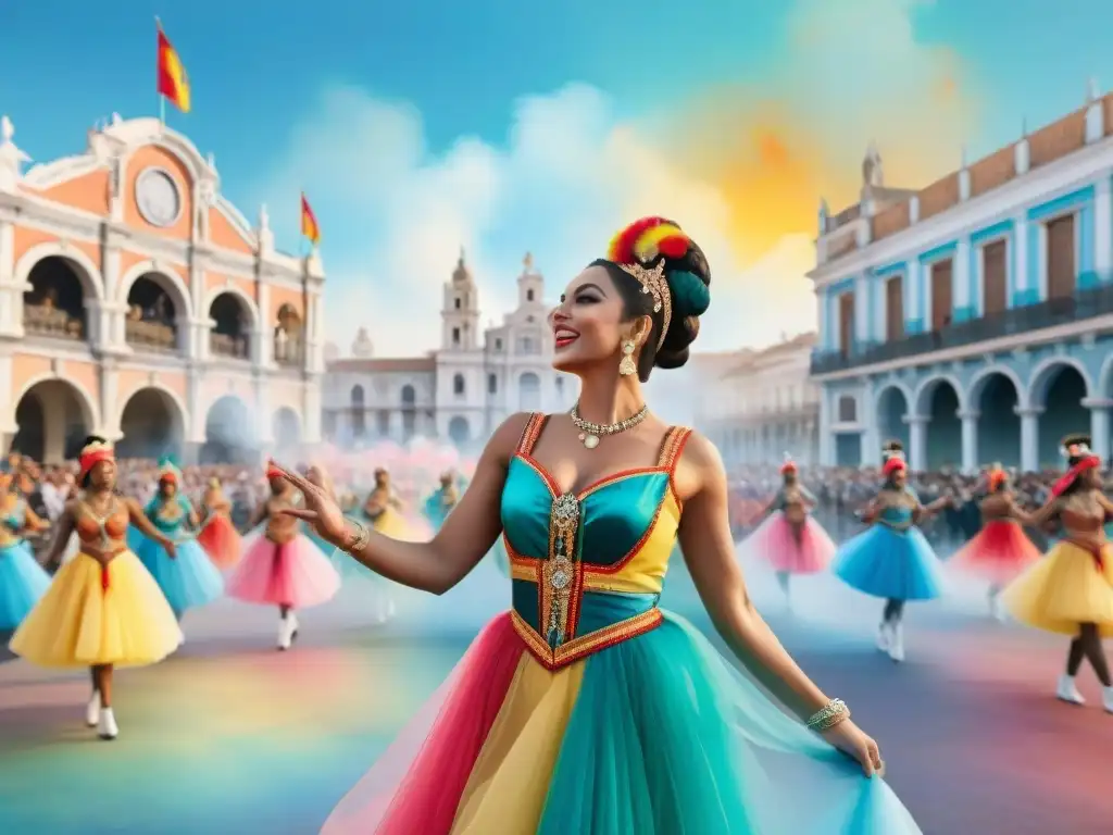 Vibrante Carnaval Uruguayo: evento virtual en acuarela Celebración virtual del Carnaval Uruguayo con bailarines en pantalla y emojis festivos