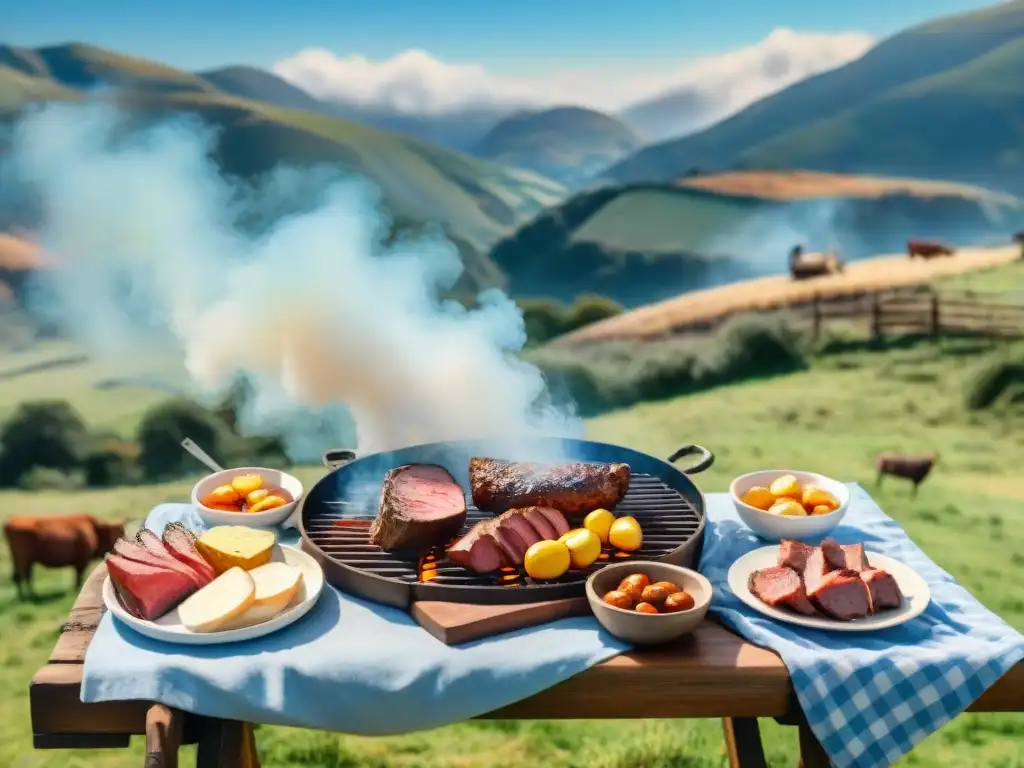 Vibrante asado uruguayo en el campo: ilustración acuarela Vista detallada de un Asado con cuero tradicional Uruguayo en el campo, con gauchos, carne asándose y paisaje pintoresco