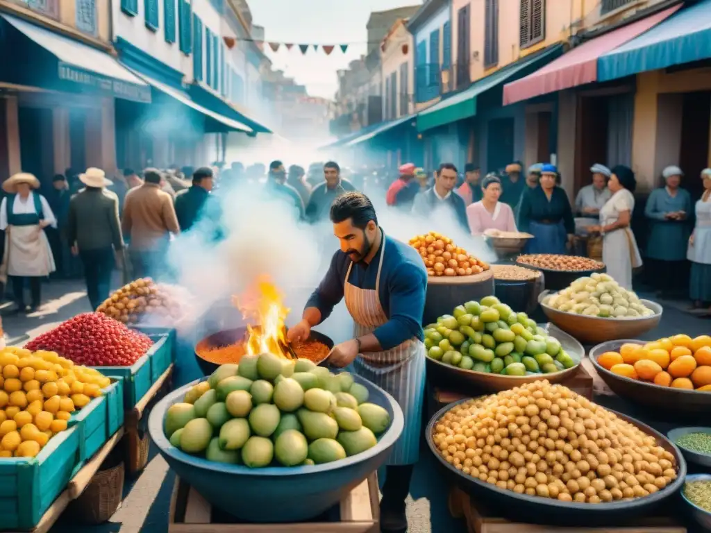 Mercado callejero vibrante en Carnaval de Uruguay Vista detallada de mercado callejero en Carnaval Uruguayo con frutas coloridas y platillos tradicionales