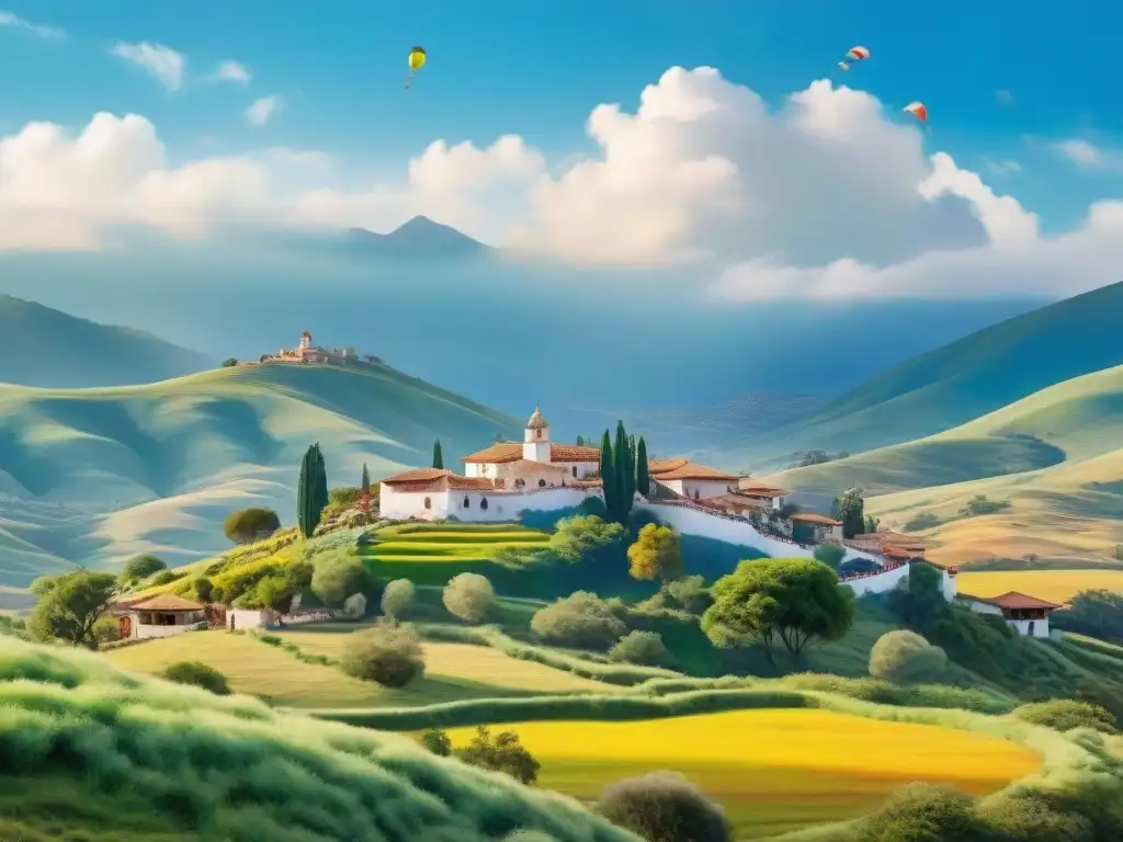 Estancia rural en fiesta: pintura acuarela vibrante Vista pintoresca de un alojamiento rural cerca eventos Carnaval, rodeado de colinas verdes y confeti en el aire