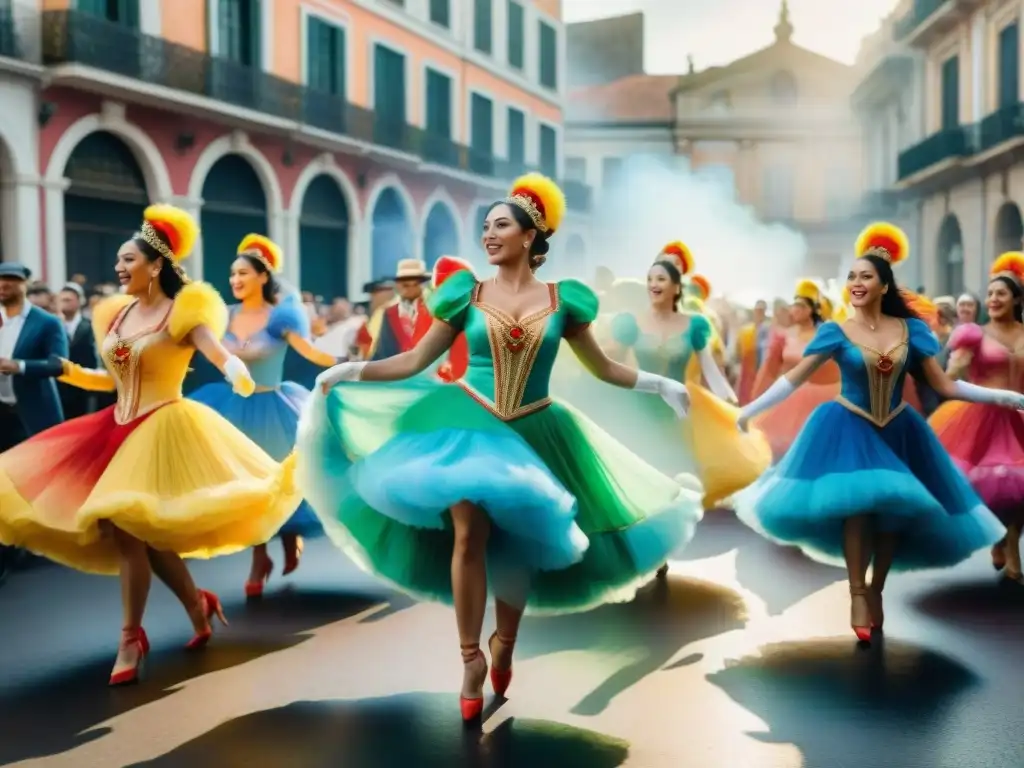 Desfile de comparsas uruguayas: colores y alegría festiva Una viva comparsa uruguaya, fusionando tradición e innovación en trajes coloridos y energía festiva