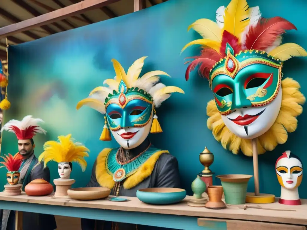 Artesanos del Carnaval de Uruguay creando en detallada acuarela Vívida ilustración acuarela de diseñadores y artesanos Carnaval Uruguay creando carroza festiva