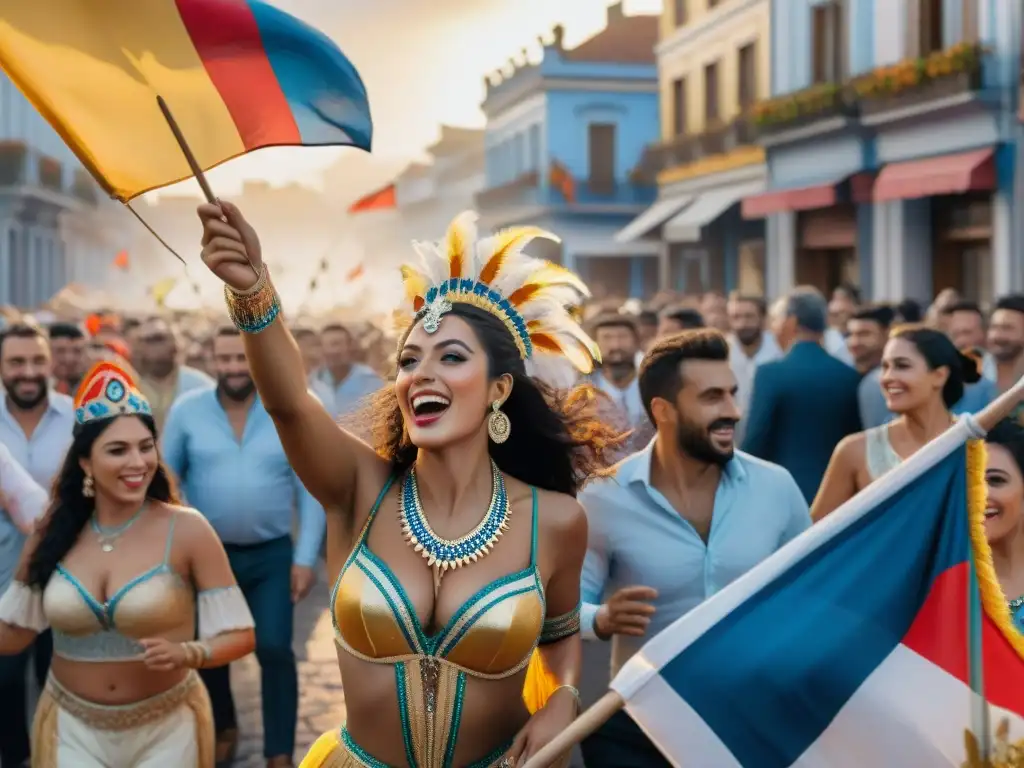 Carnaval en Uruguay: una pintura acuarela llena de vida Vívida pintura acuarela de Carnaval en Uruguay con humoristas uruguayos, críticas y alegría callejera