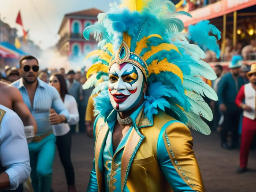 Discusión candente en el Carnaval de Uruguay Vívida pintura acuarela de momentos controvertidos Carnaval Uruguayo: discusión entre artistas mientras la multitud observa