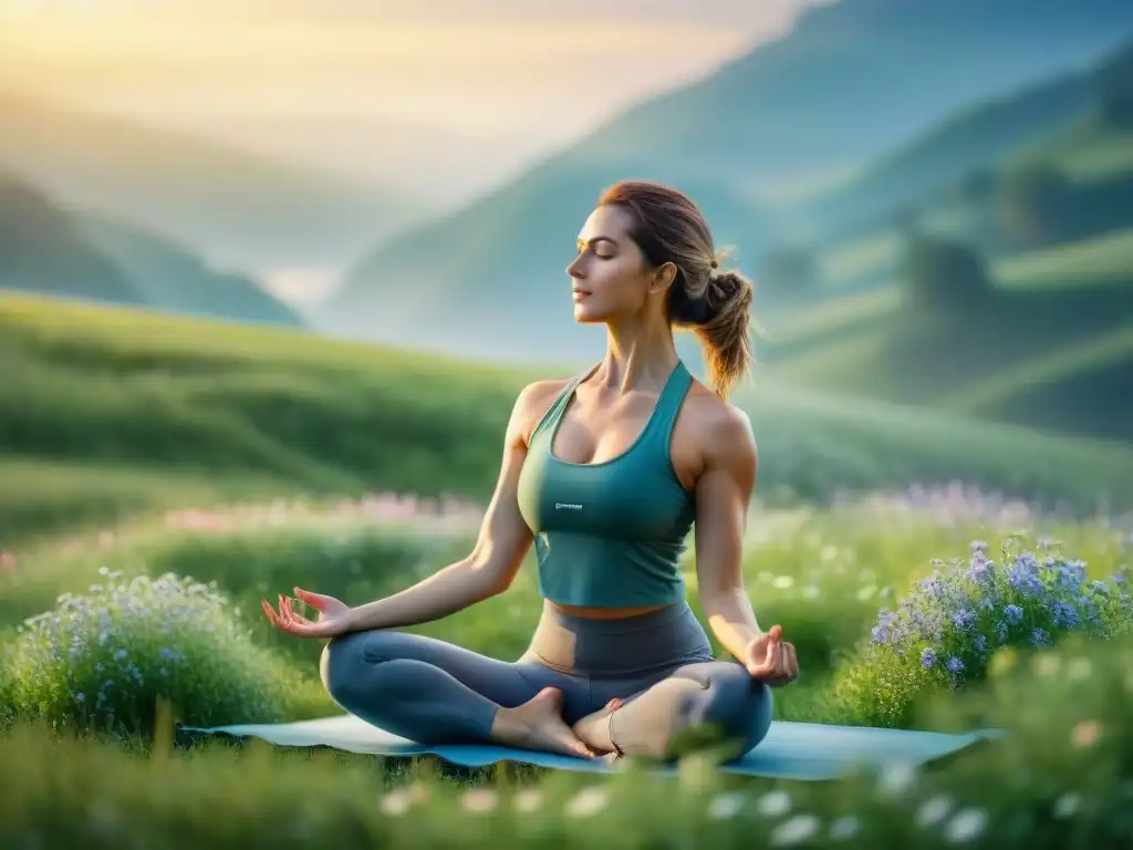 Yoga al amanecer: sesión serena en pradera verde Práctica de yoga al amanecer en un prado verde, rodeado de flores silvestres, simbolizando la importancia de la recuperación muscular postCarnaval